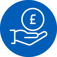 Icon: Outline of hand outstretched and holding a pound coin symbol