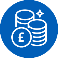 Icon: Outline of pile of money and pound sign.