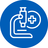 Icon: Outline of microscope and medical cross symbol
