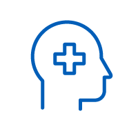 Icon: Outline of a head with a medical cross symbol inside, representing the brain.