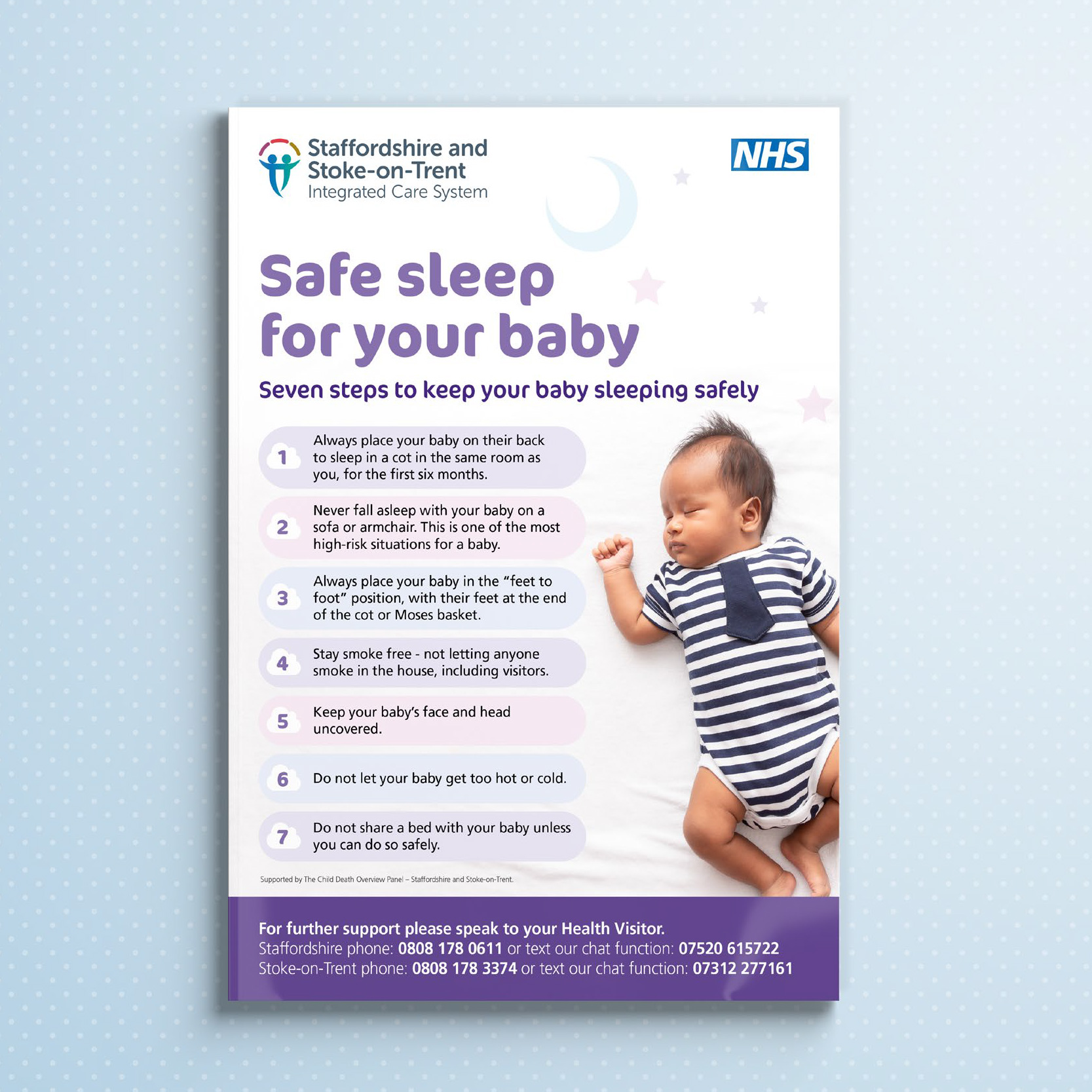 Graphic design representing the Sage Sleep campaign for Staffordshire and Stoke-on-Trent, displaying a sleeping baby