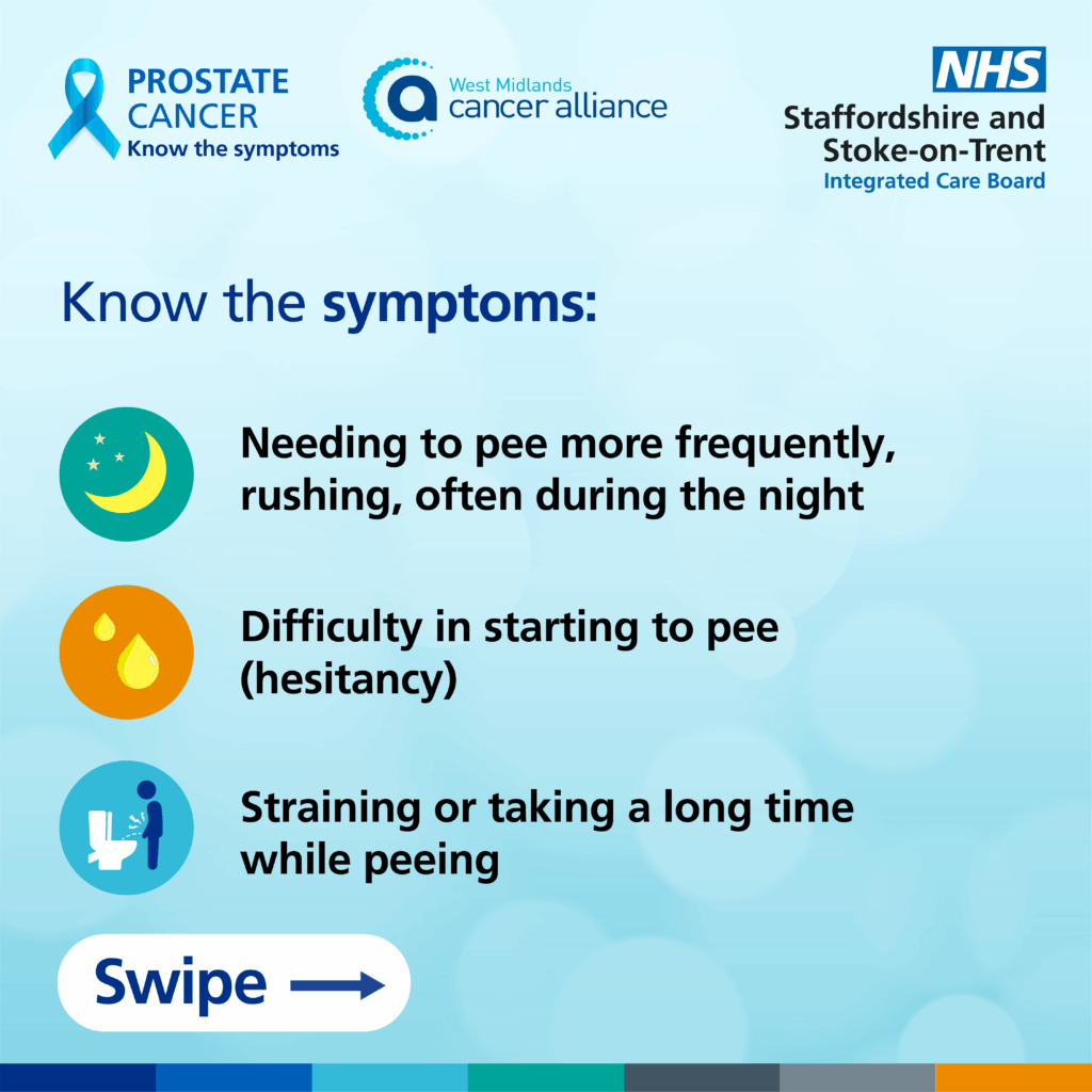 Know the symptoms: 
1. Needing to pee more frequently, rushing, often during the night
2. Difficulty in starting to pee
3. Straining or taking a long time while peeing